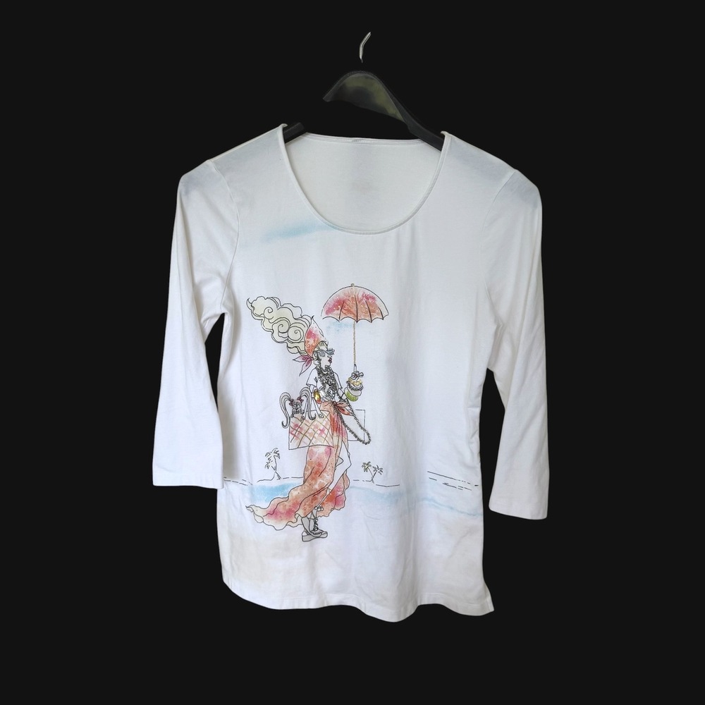 Vintage‎ Chico's Beach 3/4 Sleeve Top Rhinestone Embellished Scoop Neck Tee